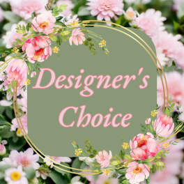 Pink floral graphic with the words "Designer’s Choice"