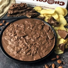 Chocolate pizza gift box with chocolate bark and potato chips