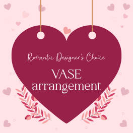 Pink heart-shaped sign reading "VASE arrangement" on a pale pink background