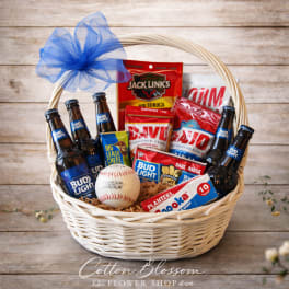Gift basket with beer bottles, snacks, and a baseball