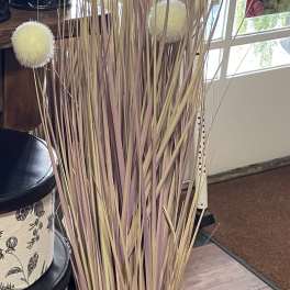 Tall decorative arrangement with fuzzy cream spheres on thin stems in a black pot