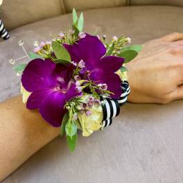 Purple orchid wrist corsage with cream roses and striped ribbon