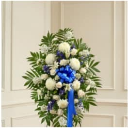 Deepest Sympathies Blue & White Standing Spray
