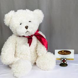 White teddy bear with a red ribbon sitting beside a florist card
