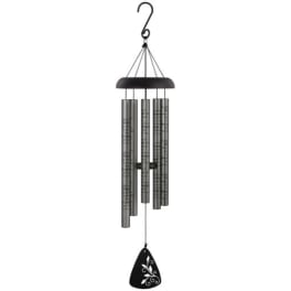 Black metal wind chime with silver tubes and a leaf-shaped clapper