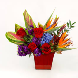 Tropical bouquet with red roses and purple flowers in a red vase