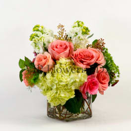 Pink roses and pale green hydrangeas in a clear square vase
