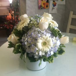 Elegant White and Blue Centerpiece