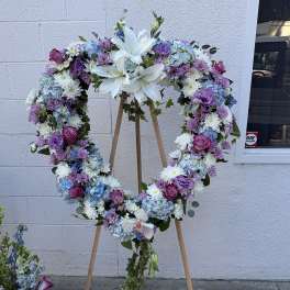 Blue and Lavender Heart-Shaped Sympathy Wreath Easle