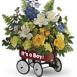 Bouquet in a red wagon with "It's a Boy!" text