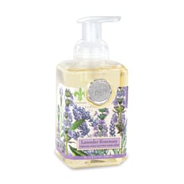 Lavender rosemary foaming hand soap in a clear pump bottle