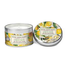 Two lemon basil travel candles in silver tins with printed lids