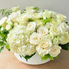 White roses and hydrangeas arranged in a low white vase