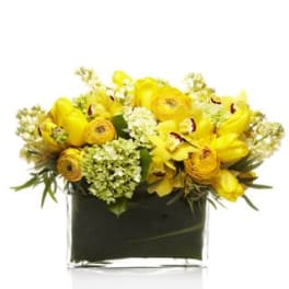 Yellow floral arrangement in a black square vase