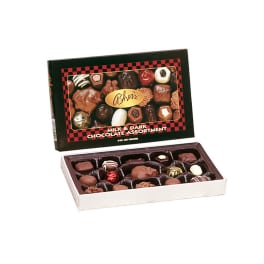 Box of assorted milk and dark chocolates in an open gift box