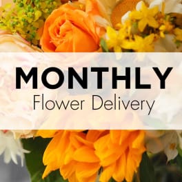 Monthly flower delivery graphic with orange and yellow flowers