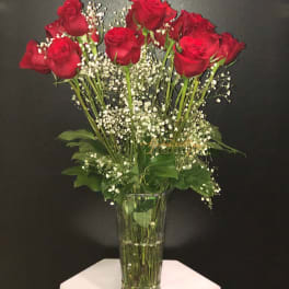 Dozen Long Stemmed Roses with Baby's Breath