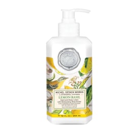 Bottle of lemon basil hand and body lotion with a pump dispenser