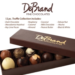 Box of assorted truffles in a brown DeBrand chocolate box