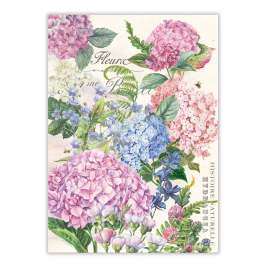Decorative print with hydrangea flowers in pink, blue, and white