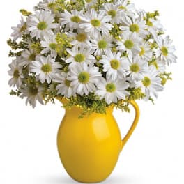 White daisy bouquet in a yellow pitcher vase