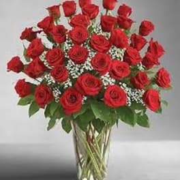 Bouquet of red roses in a clear glass vase