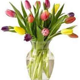 Clear glass vase filled with multicolored tulips including pink, yellow, orange, and purple blooms
