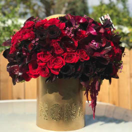 Midnight romance gold box with mixed black and red roses