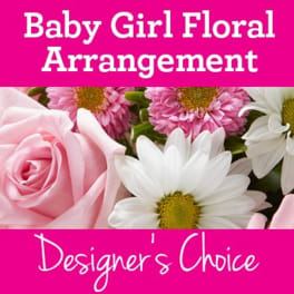 Pink and white flowers with text reading Baby Girl Floral Arrangement