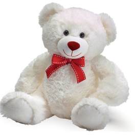 White teddy bear with a red bow on a plain background