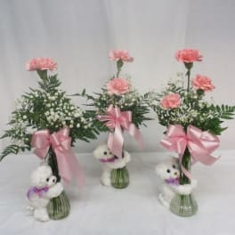 Three pink carnation arrangements in glass vases with teddy bears and ribbons