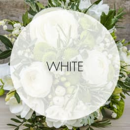 White floral bouquet with round blooms and greenery