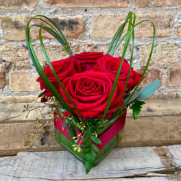 Red roses in a square glass vase with looping grass accents