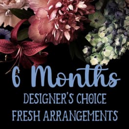 Floral arrangement graphic with pink and blue flowers and the text "6 Months Designer's Choice Fresh Arrangements"