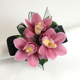 Pink cymbidium orchid wrist corsage with black ribbon accents