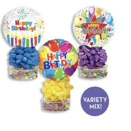 Birthday balloons with gift bows and candy-filled bases