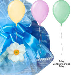 Blue gift basket with a white flower and pastel balloons