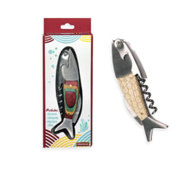 Packaged fish-shaped corkscrew bottle opener beside the tool