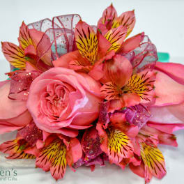 Pink rose bouquet with striped alstroemeria and glittery ribbon