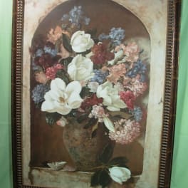 Framed floral still life with white and pastel flowers in a vase