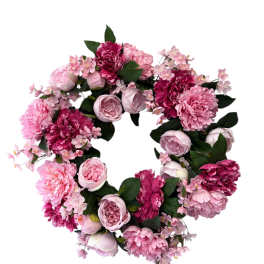 Pink floral wreath with roses and peonies on a white background