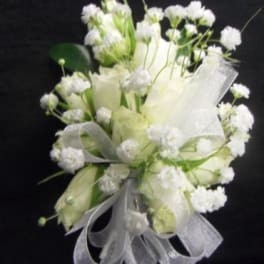 White bouquet with ribbon and small round blooms