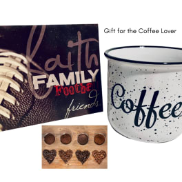 Coffee-themed gift set with a mug and decorative signs