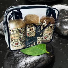 Men's shower gift set with shampoo, body scrub, and sponge in a clear pouch