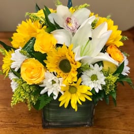 Yellow and white mixed flower arrangement in a square glass vase