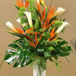 Tropical arrangement with orange bird-of-paradise and white calla lilies in a tall vase