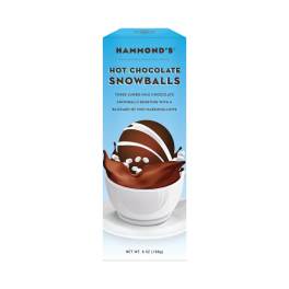 Blue box of Hammond's hot chocolate snowballs with a cup illustration