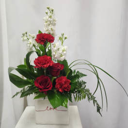 Red roses and carnations with white flowers in a white box
