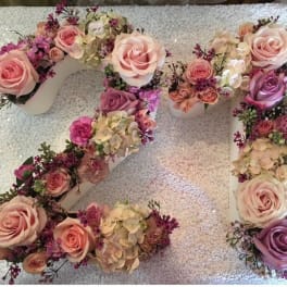 Floral number 2 made of pink and purple roses with hydrangeas