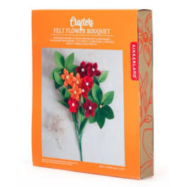 Boxed felt flower bouquet kit with red, orange, and green flowers
